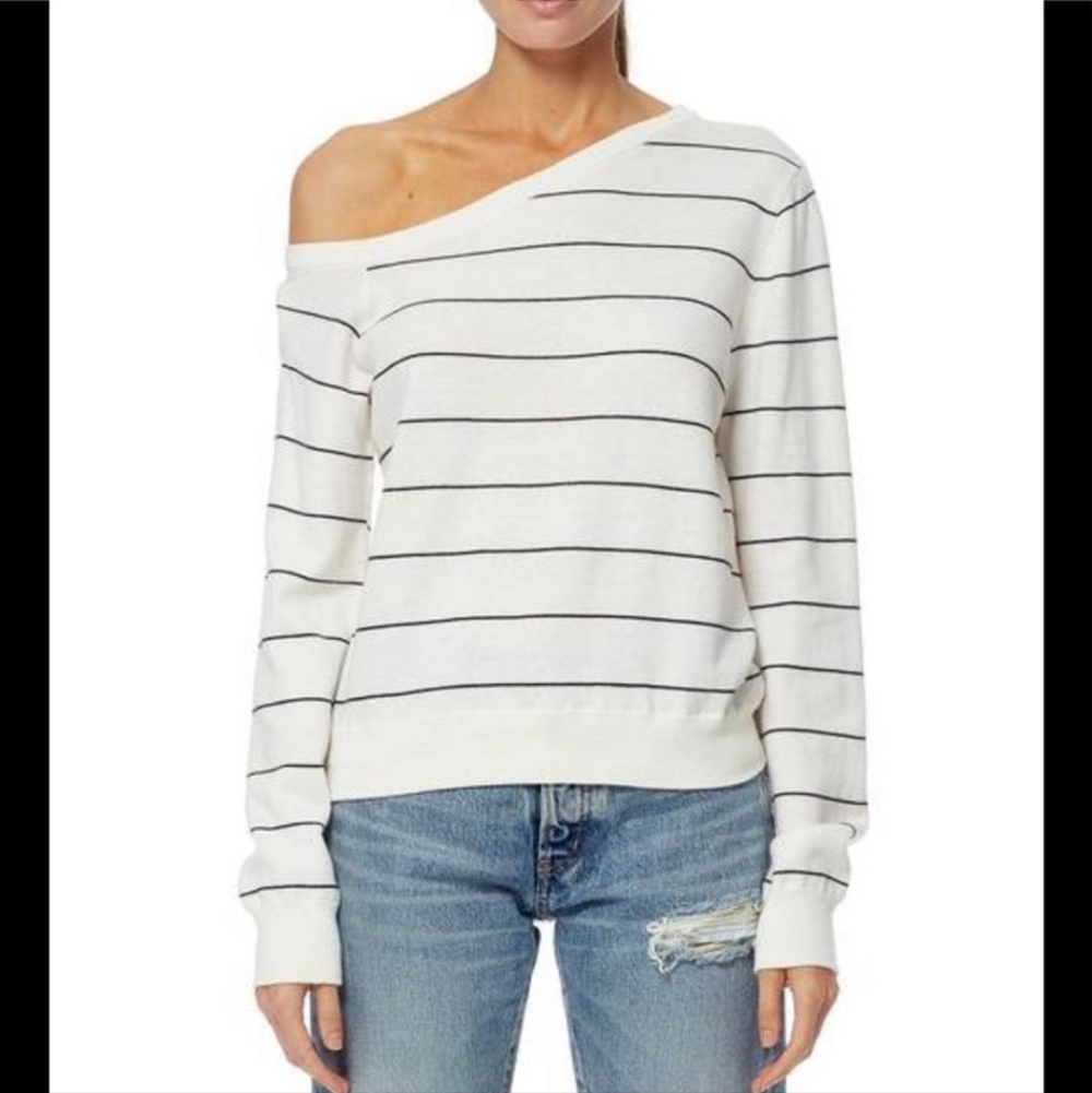 360 Cashmere White Off-the-Shoulder Striped Sweater